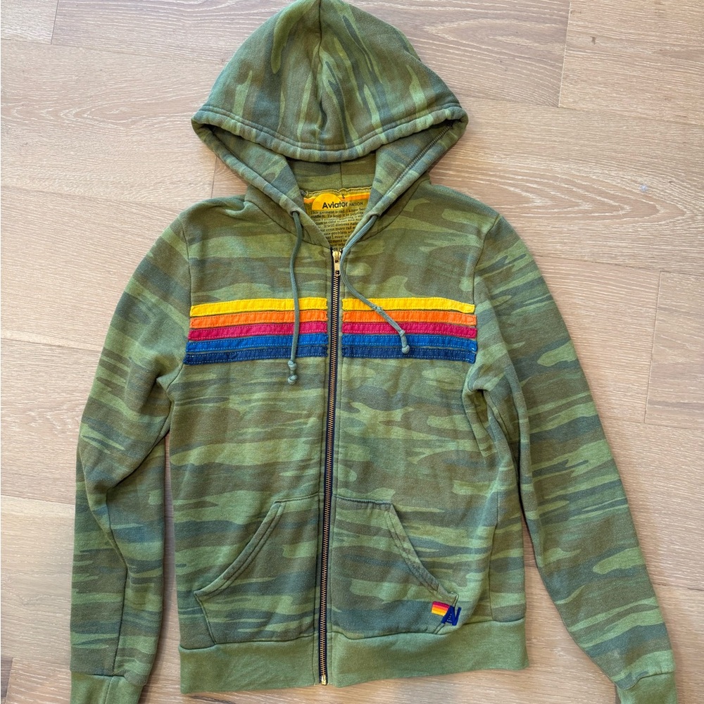 Aviator Nation Camo Hoodie with Rainbow Stripes